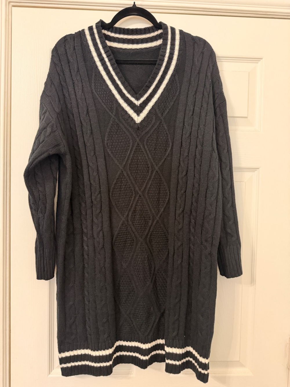 SHEIN Charcoal Cable Knit V-Neck Sweater Dress with White Trim